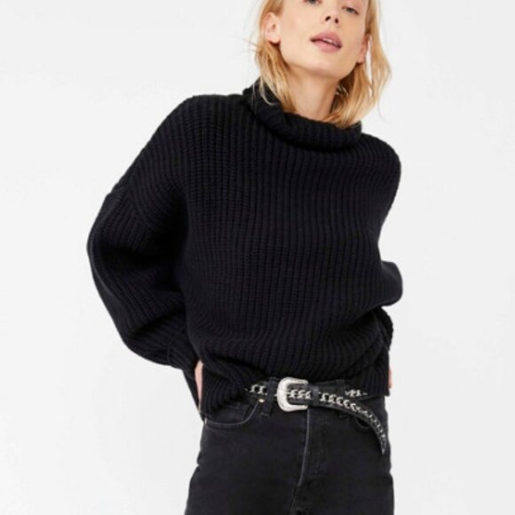 Free People Swim Too Deep Turtleneck Oversized Sweater Black Size Small Chunky - Picture 1 of 9